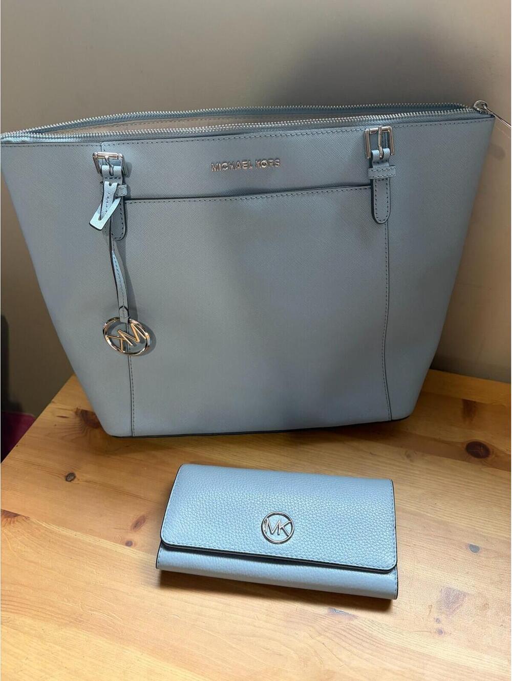 Michael Kors Jet Set Travel Tote & Wallet Set Light Blue Saffiano Leather MK Bag